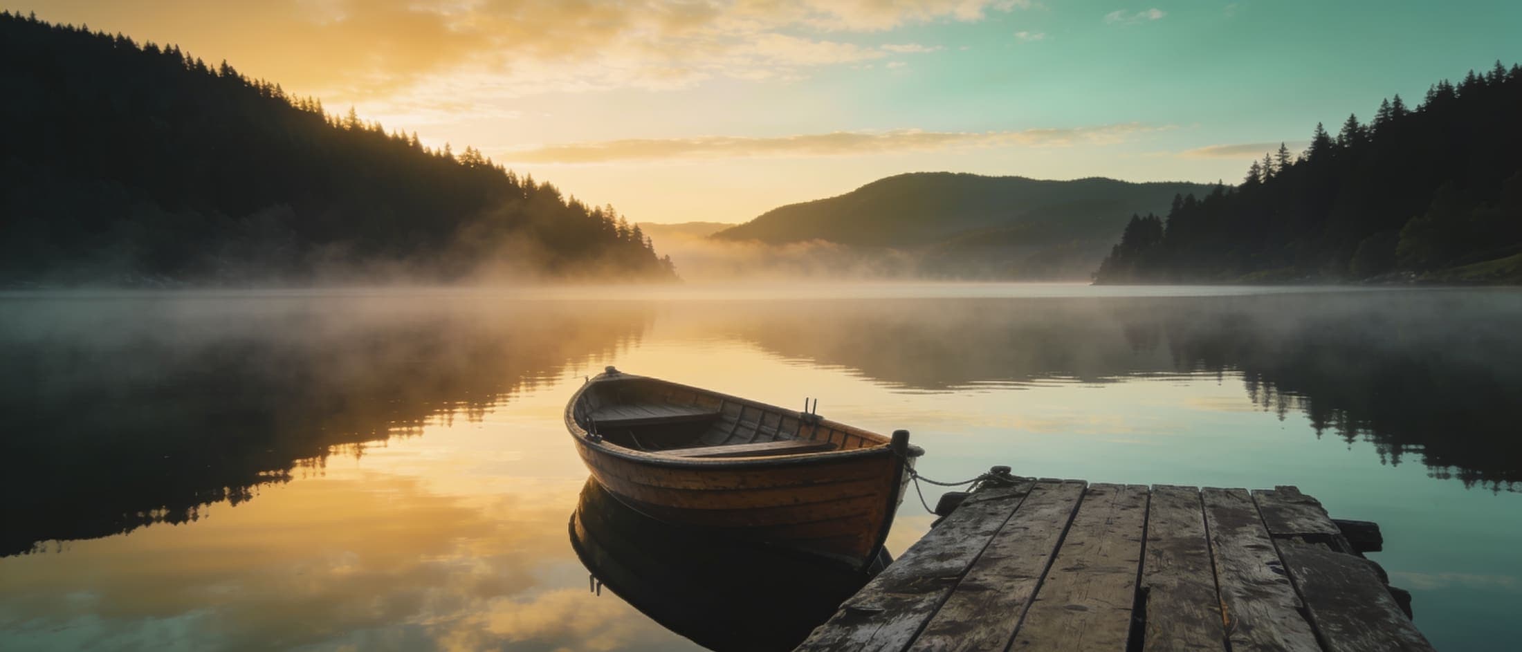 Robåt ved et brygge på en stille fjord i morgentåke